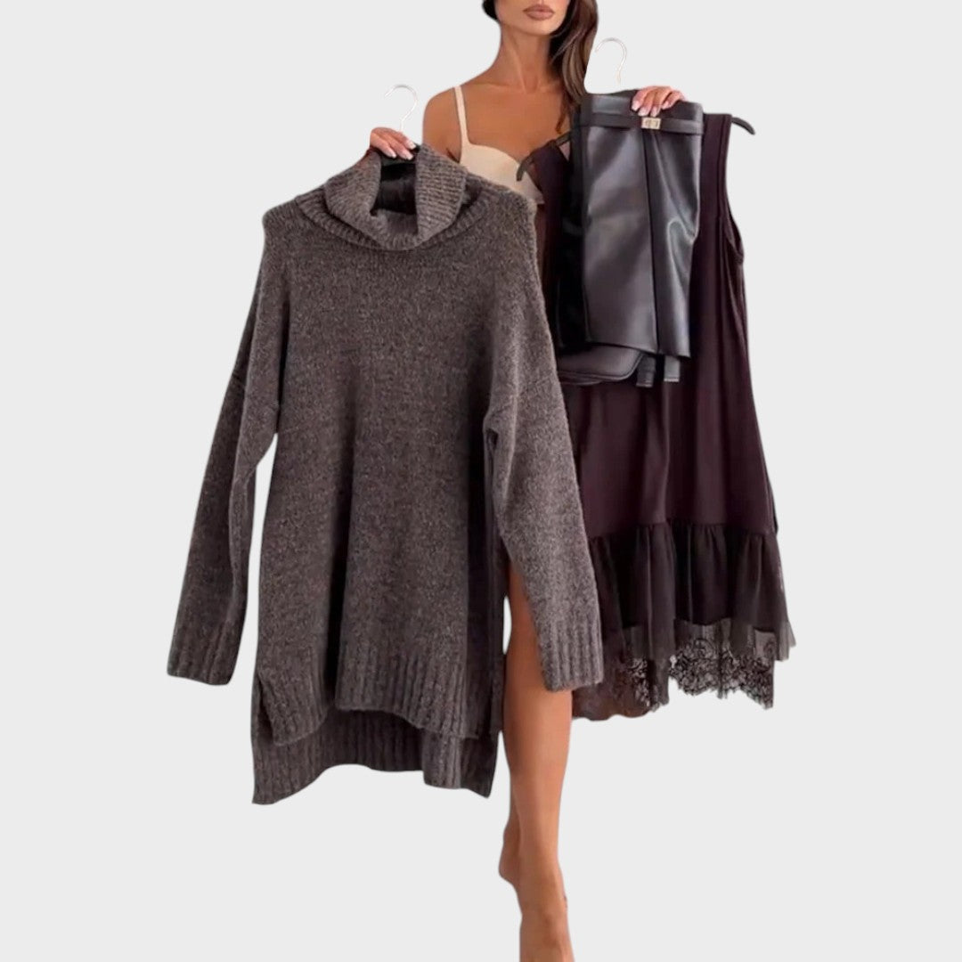 Conjunto de jersey y vestido de punto gris oscuro con cuello alto y falda burdeos