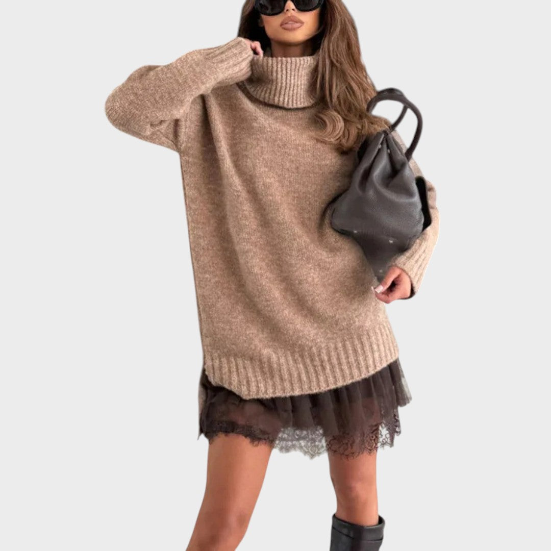 Conjunto de jersey y vestido de punto beige con cuello alto y falda de tul
