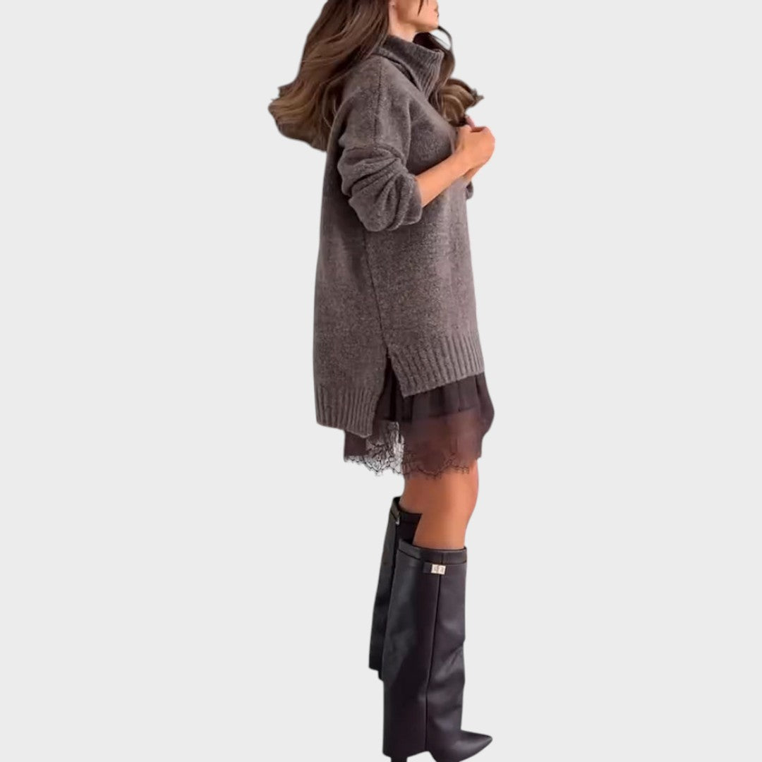Conjunto de jersey y vestido de punto oscuro, cuello alto y bajo con falda translúcida