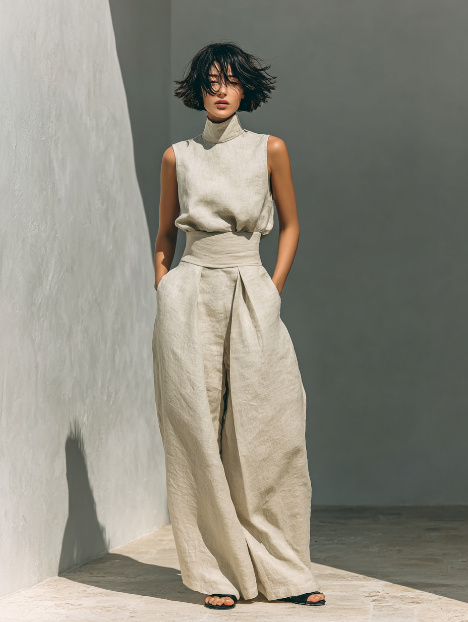 Conjunto de top sin mangas con cuello alto y pantalón ancho fruncido, beige.