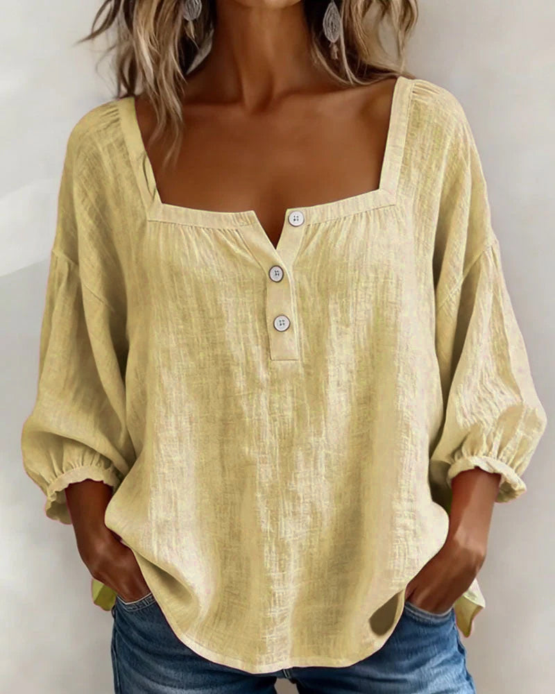 Blusa de lino amarilla para mujer, escote cuadrado con botones frontales, manga globo
