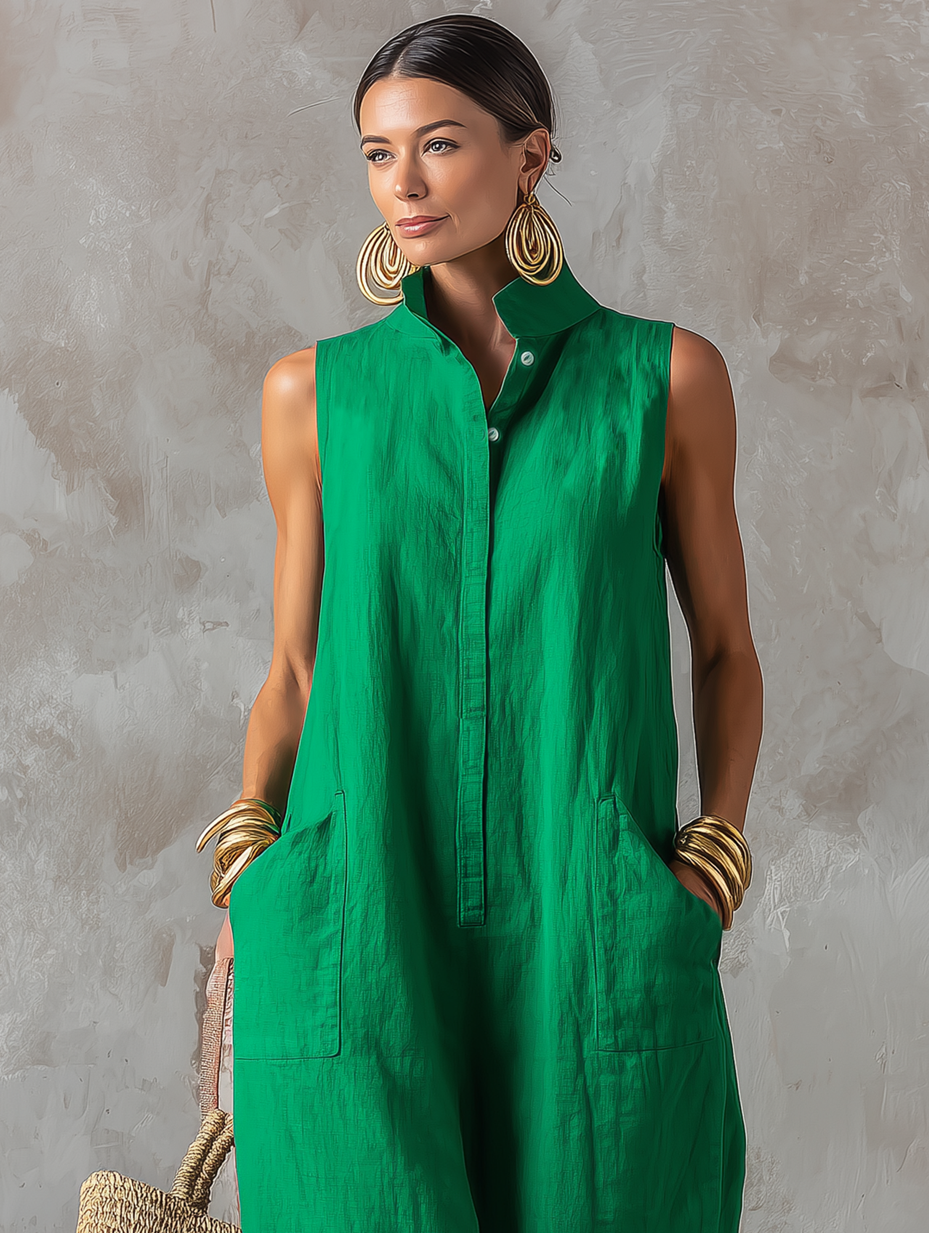 Mono verde sin mangas con cuello camisero y cierre de botones