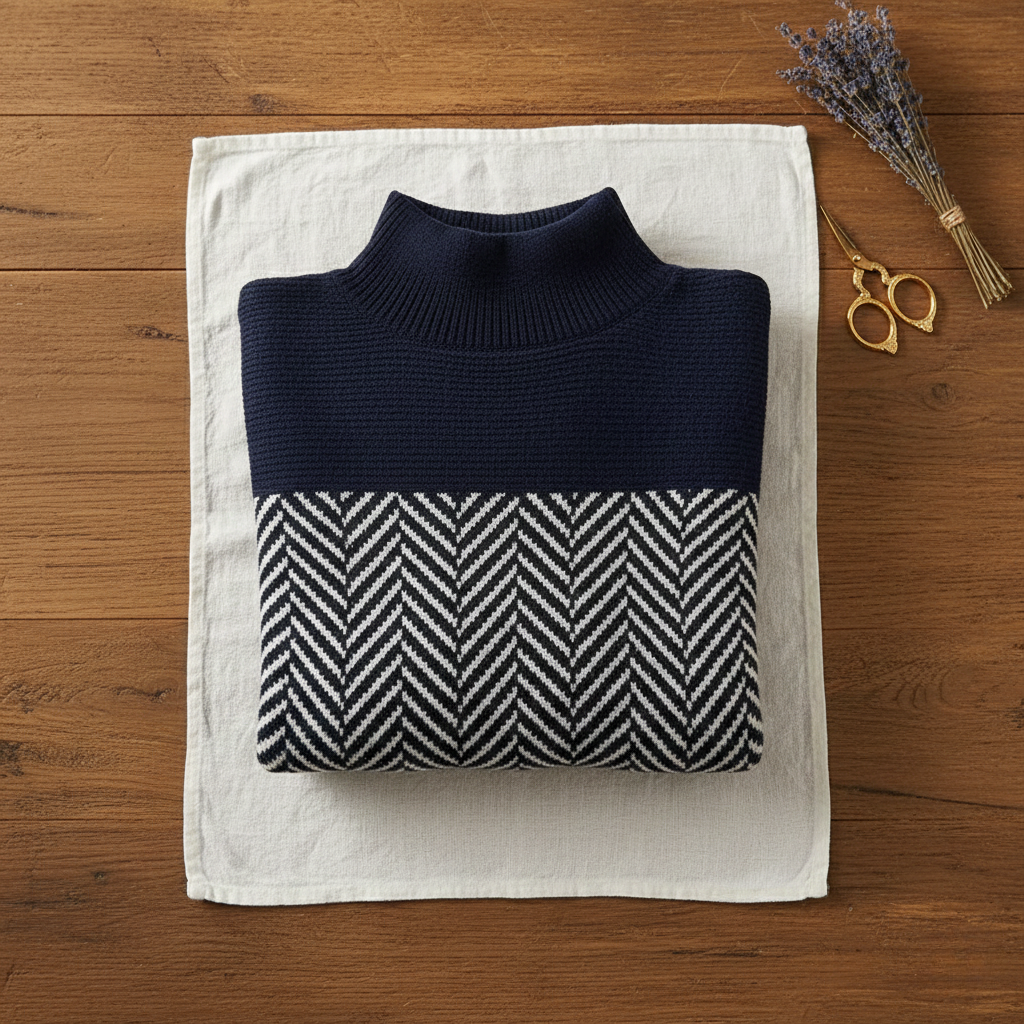 Jersey de cuello alto azul marino con zigzag blanco y negro en la parte central