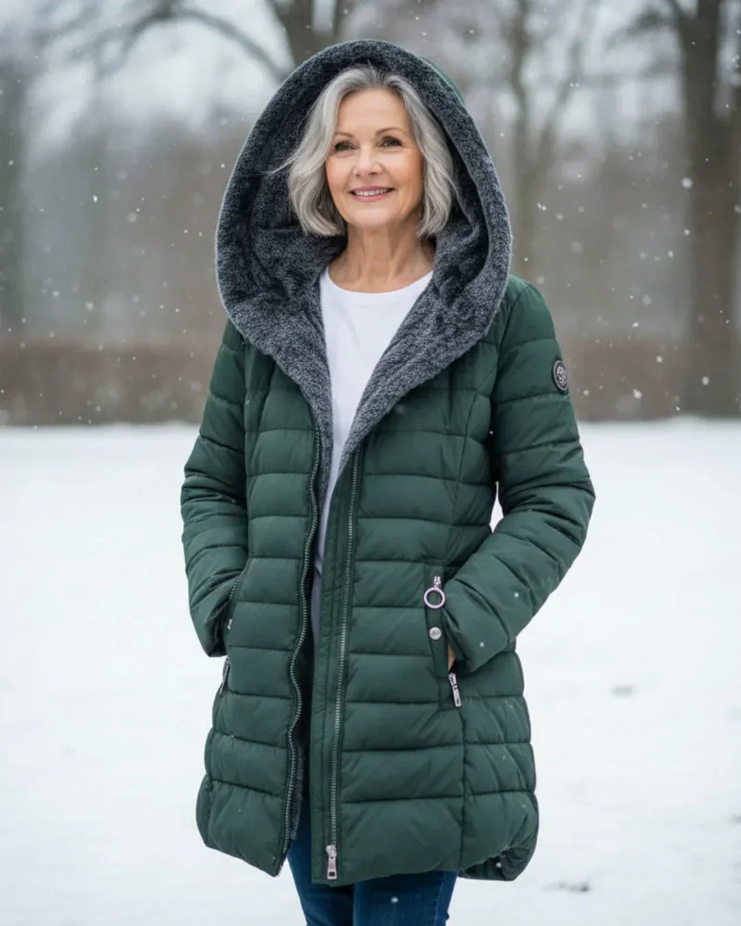 Chaqueta de invierno acolchada verde oscuro con capucha y forro gris, vista frontal