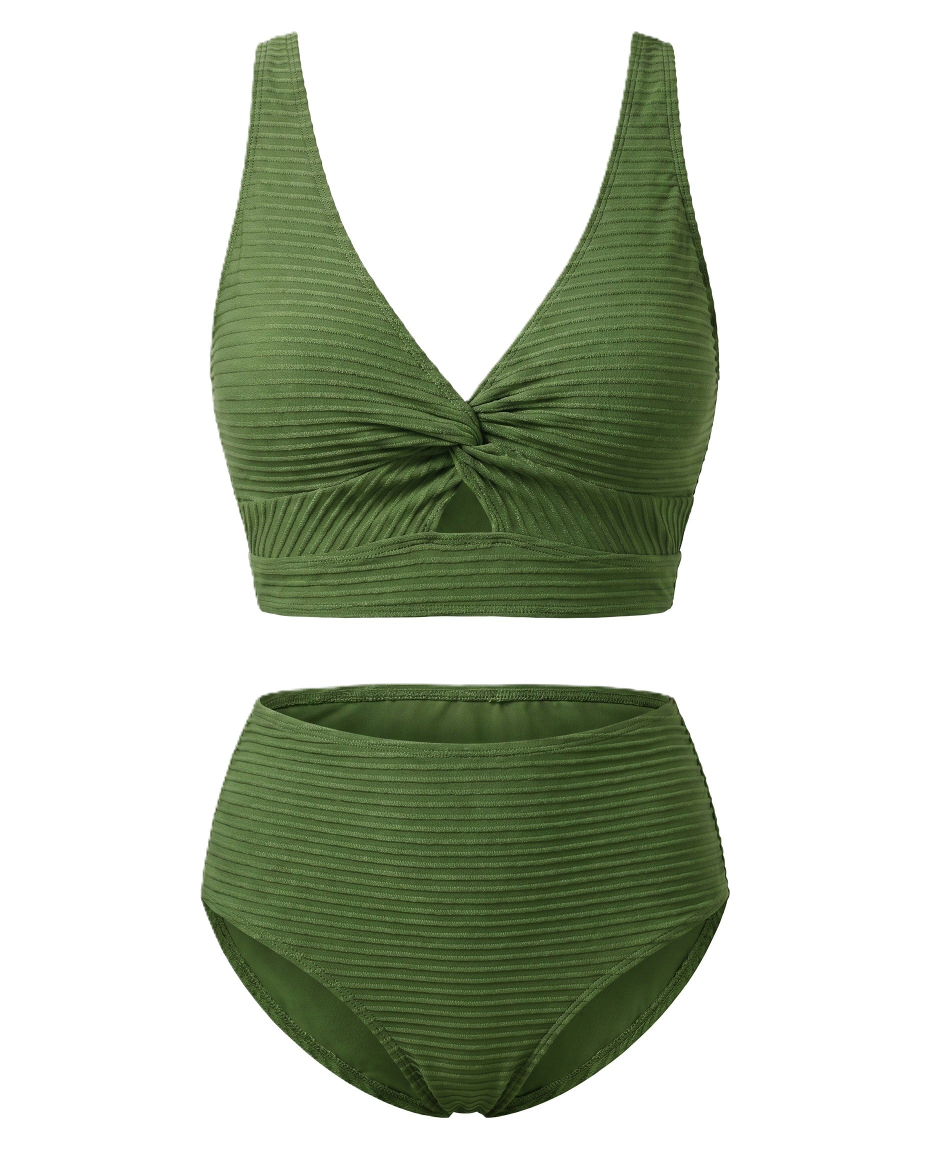 Bikini verde militar texturizado: top cruzado sin mangas y braguita de tiro alto