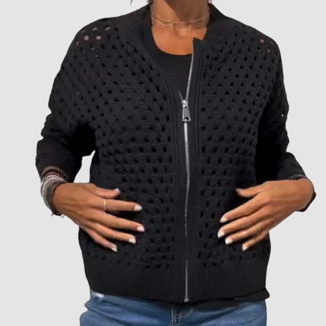 Chaqueta cárdigan de punto con cremallera y patrón calado negro