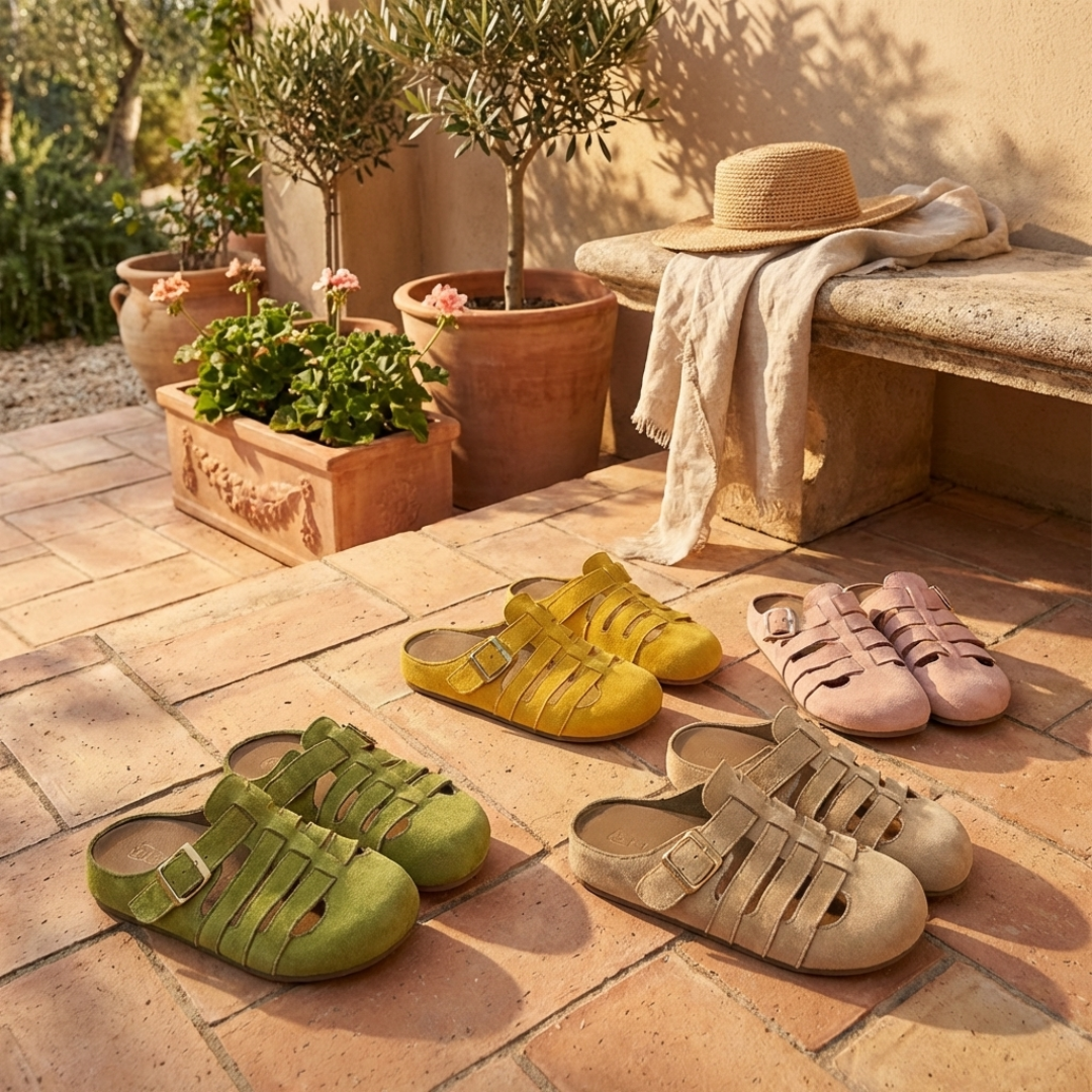 Juego de sandalias mules de ante en varios colores: amarillo, verde, caqui y rosa