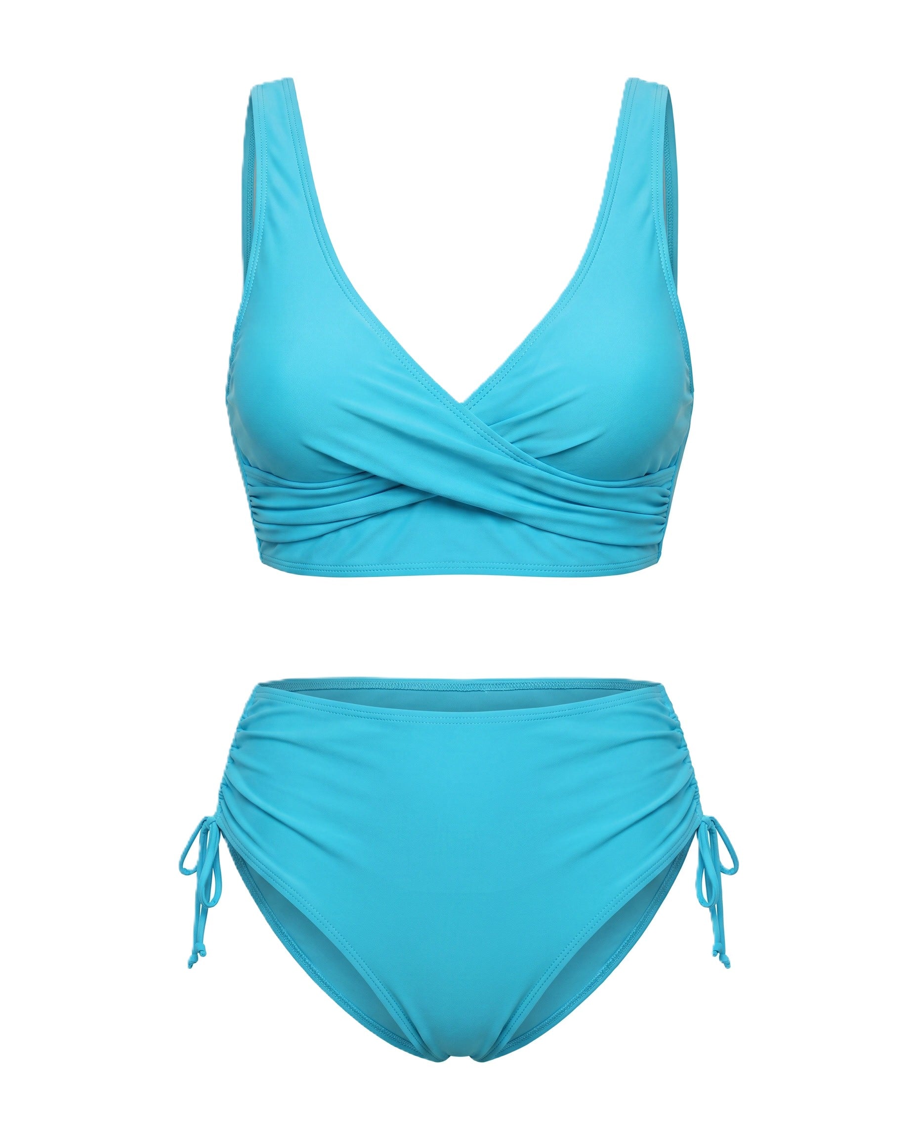 Conjunto bikini azul turquesa con twist frontal y copas extraíbles; braguita con lazos