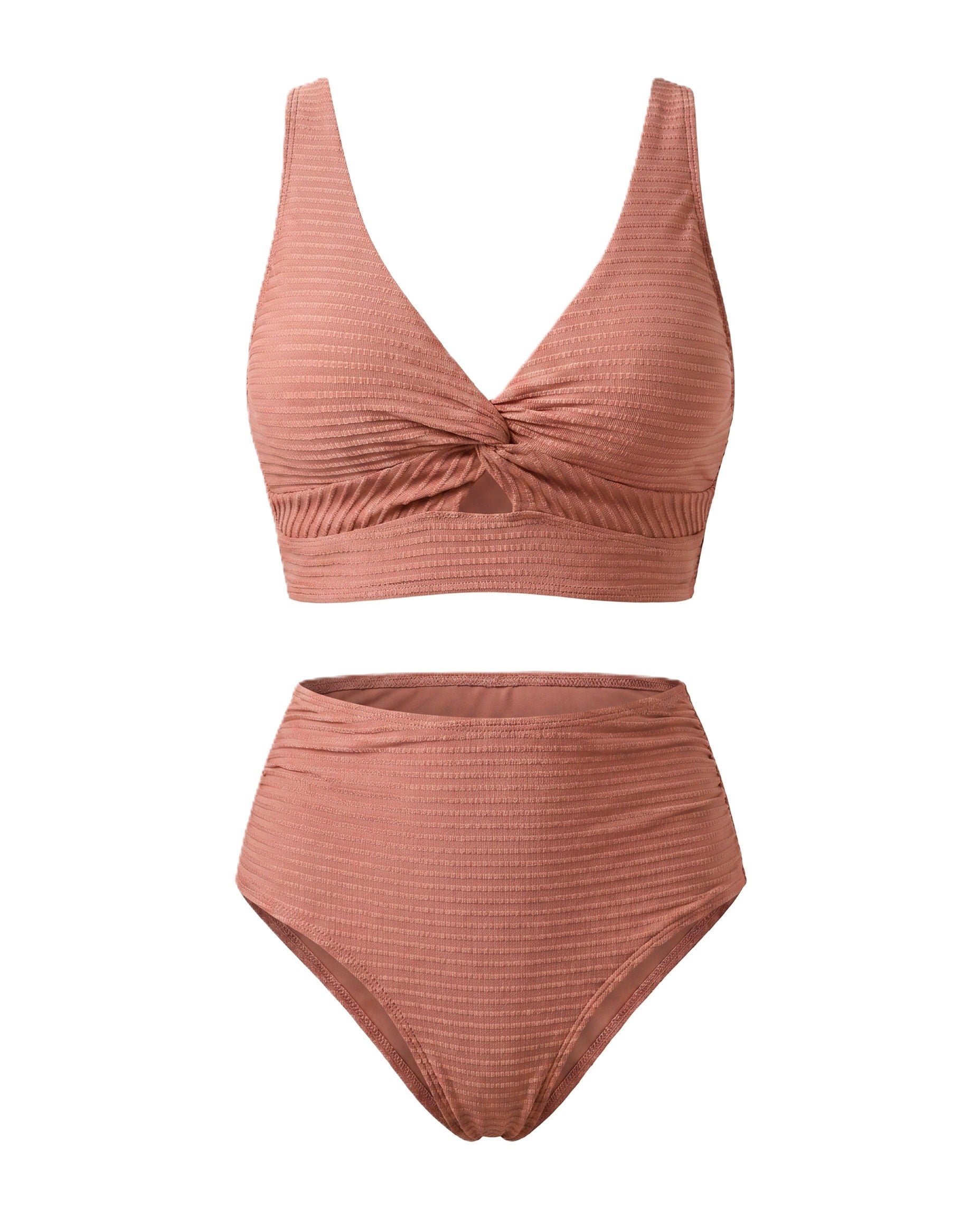 Bikini texturizado de tiro alto con top cruzado, color melocotón