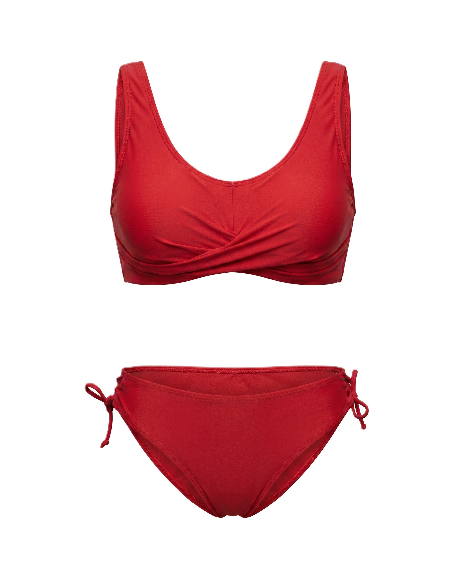 Conjunto bikini rojo: top con detalle cruzado frontal y braguita de tiro alto con lazos