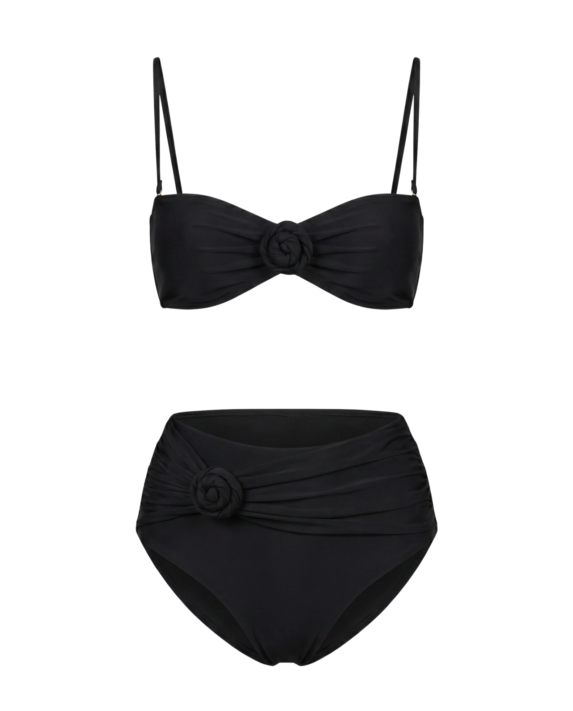 Conjunto de bikini negro: top bandeau con lazo y braguita de tiro alto con rosetón