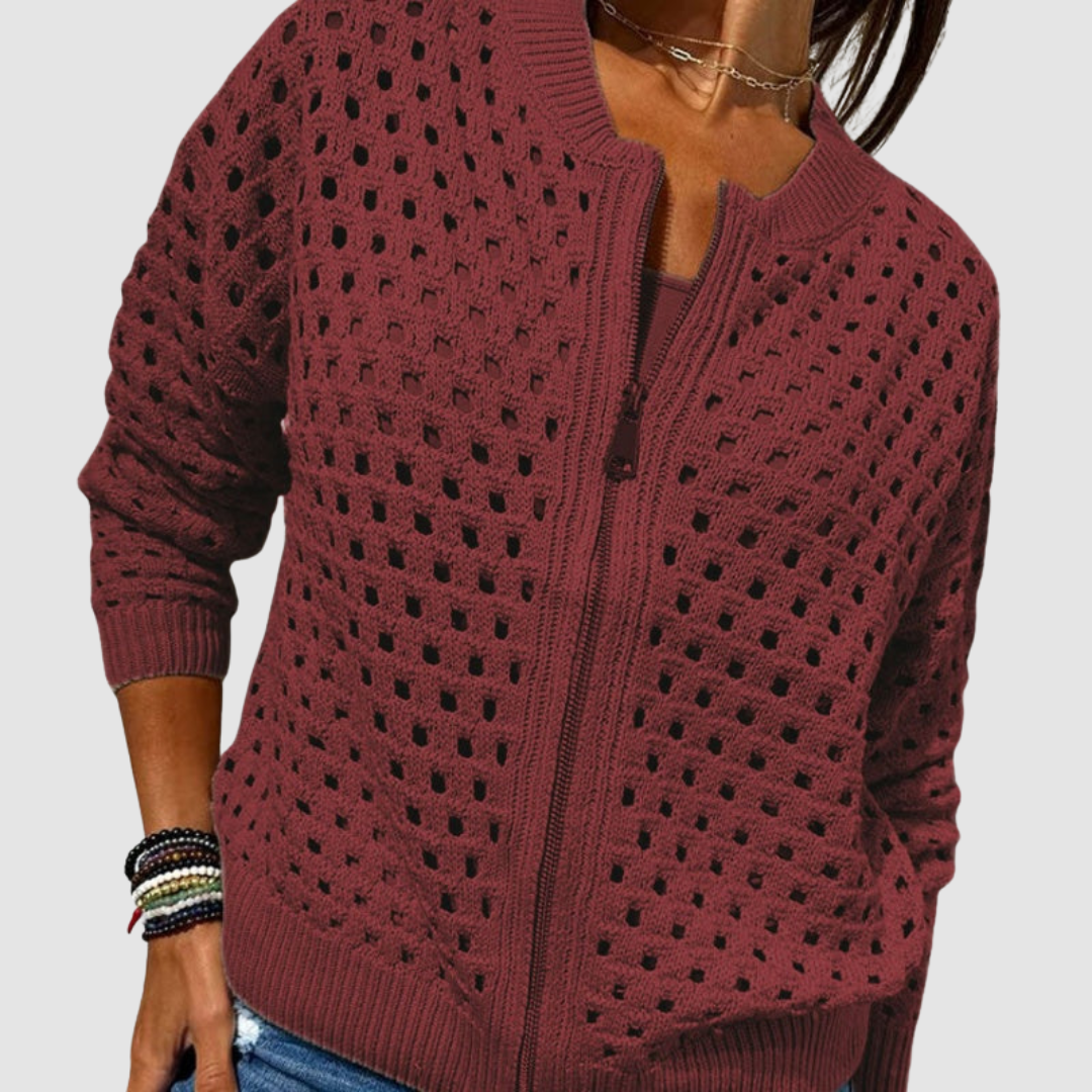 Chaqueta cárdigan de punto con cremallera y patrón calado granate