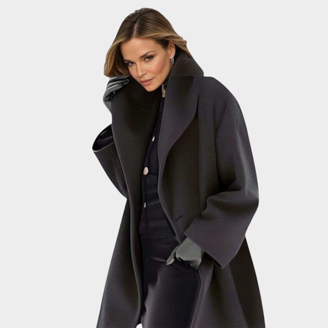 Abrigo elegante Amalia™ gris oscuro, solapas amplias y cierre con botones, manga larga