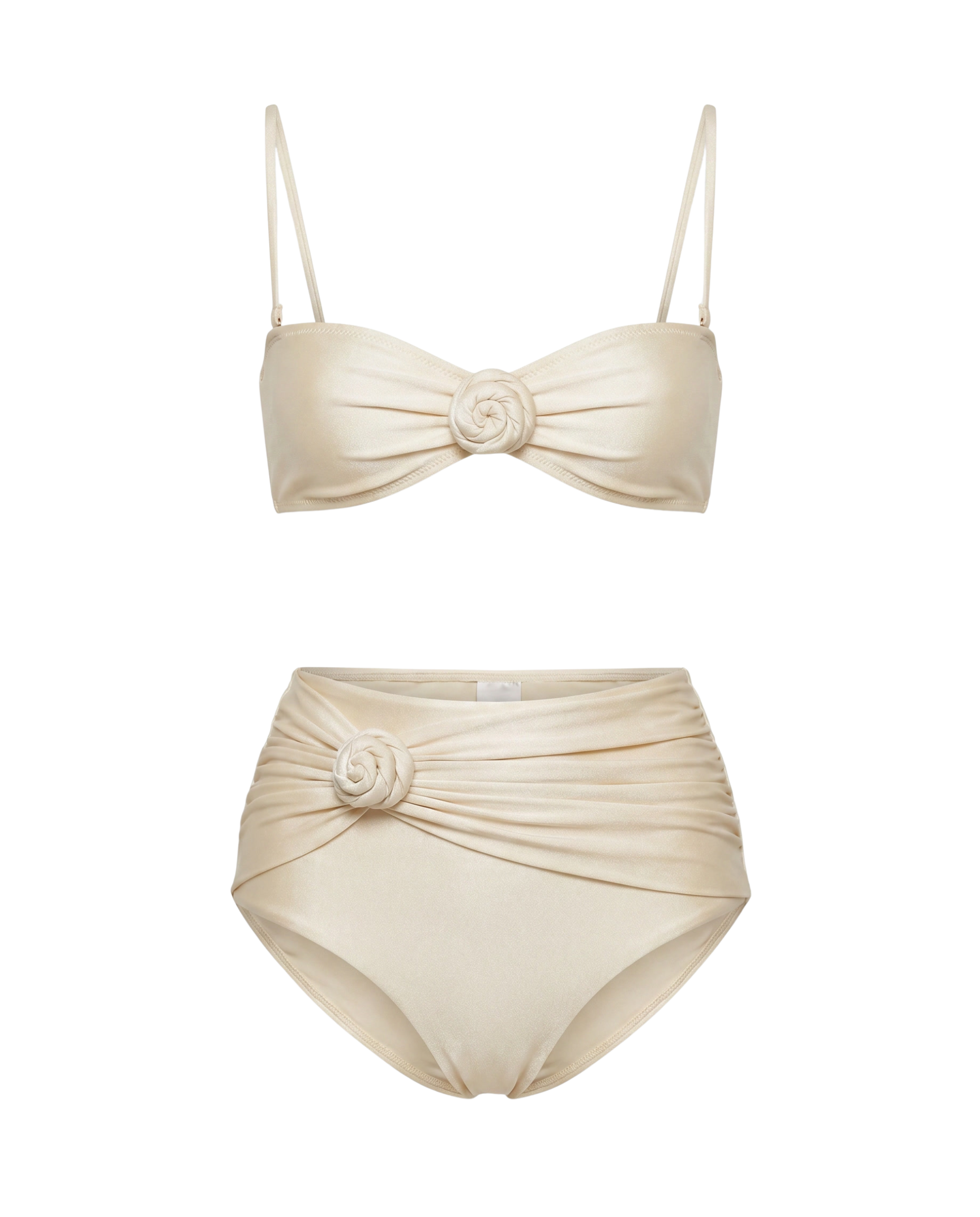 Conjunto de bikini blanco: top bandeau con lazo y braguita de tiro alto con aplique floral