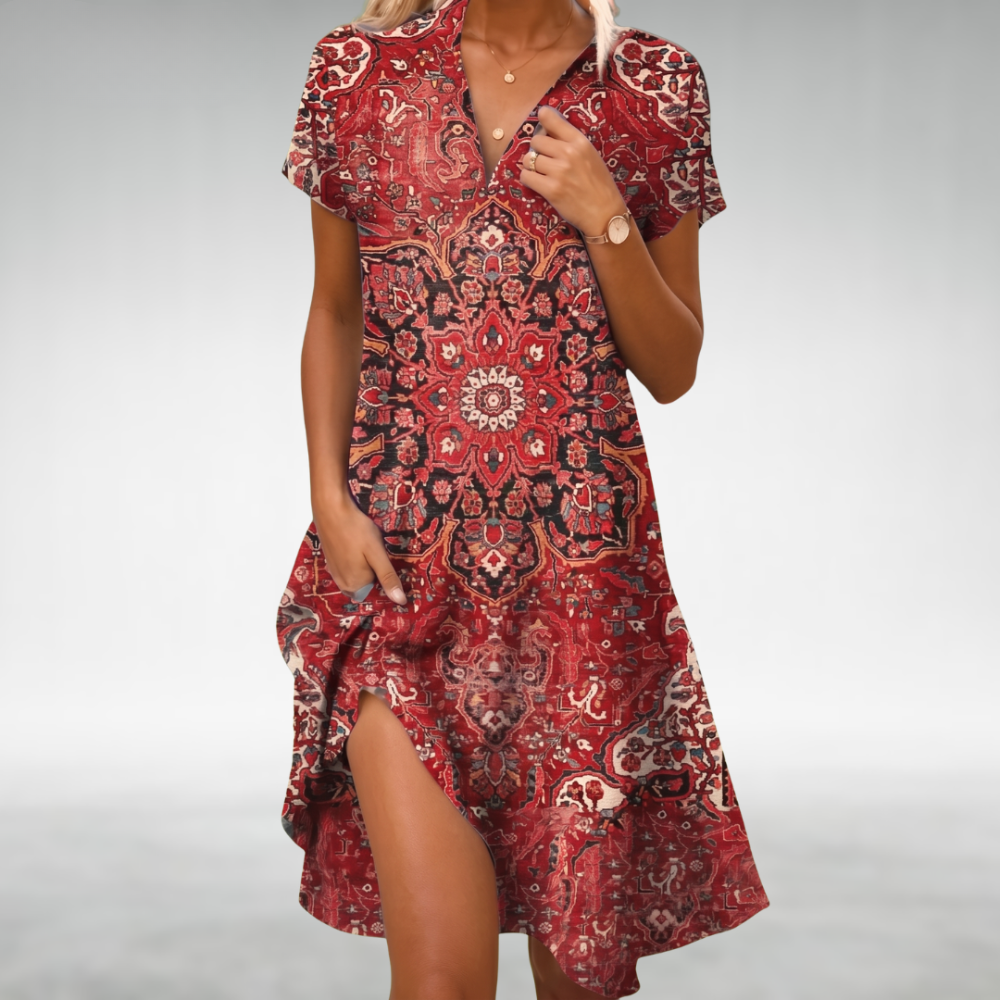 Vestido midi ligero Moira™ de manga corta y cuello pico, estampado cachemir rojo