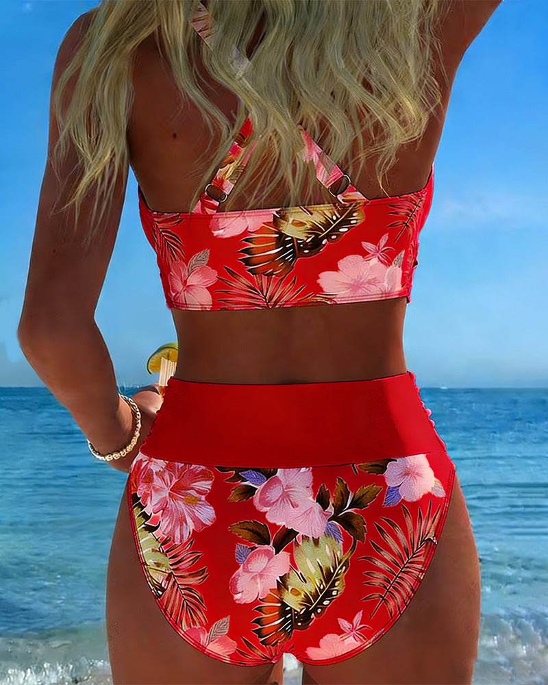 Bikini floral de dos piezas rojo con banda de contraste y braguita de cintura alta