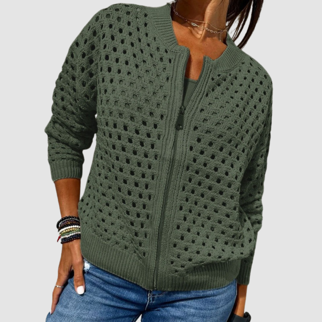 Chaqueta cárdigan de punto con cremallera y patrón calado verde