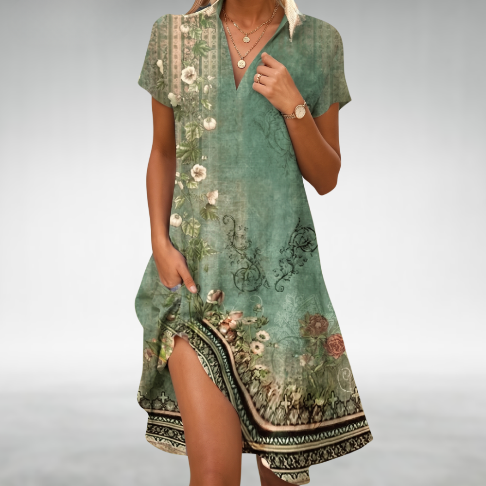 Vestido midi ligero Moira™ de manga corta y cuello pico, estampado floral verde
