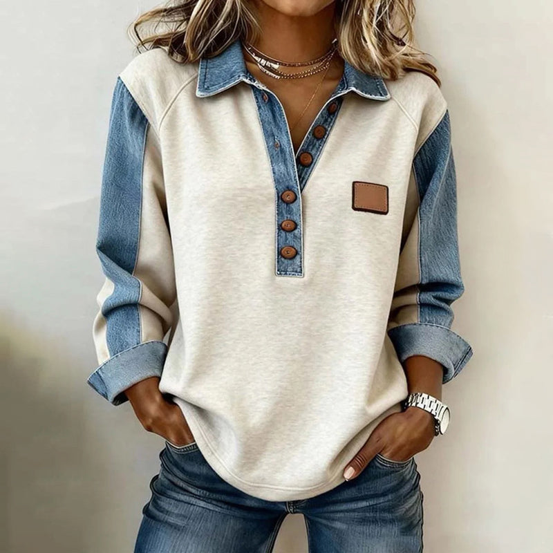 Sudadera vintage casual de manga larga, cuerpo crema y mangas tipo mezclilla azul