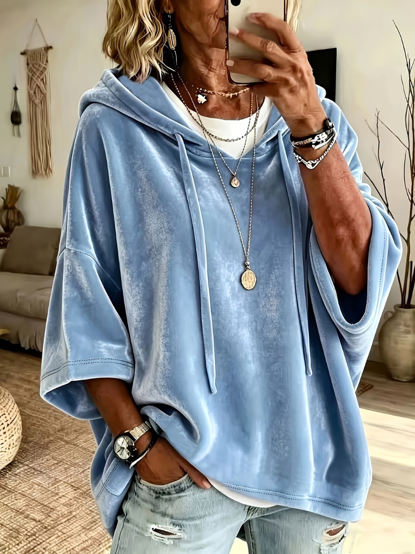 Sudadera oversize de terciopelo azul con capucha y cordón ajustable