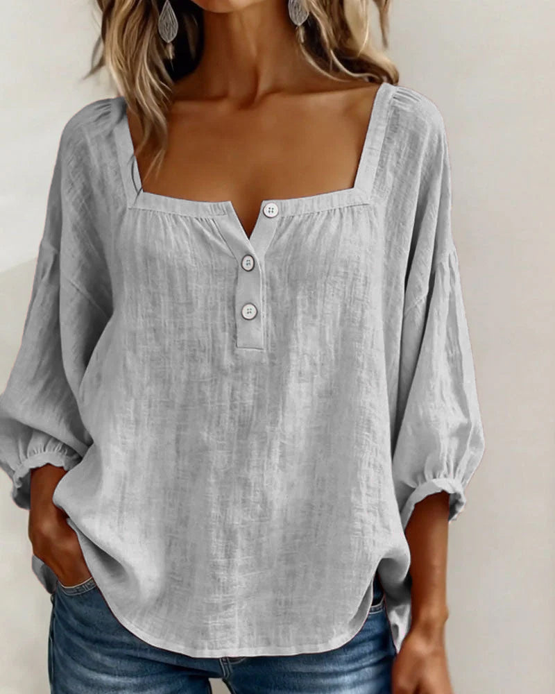 Blusa de lino gris para mujer, escote cuadrado con botones frontales, mangas globo