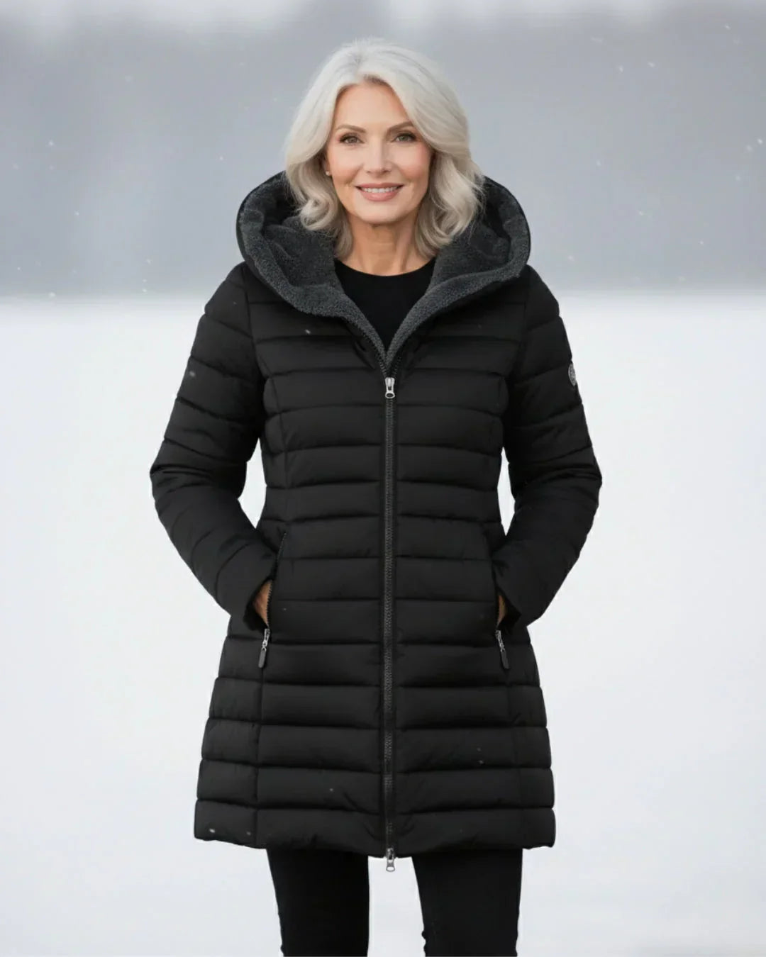 Chaqueta de invierno acolchada negra con capucha interior gris y cierre frontal