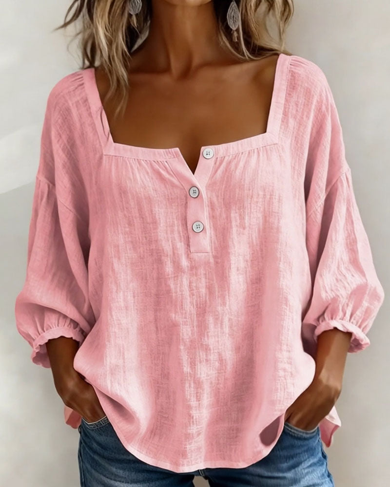Blusa de lino rosa para mujer con escote cuadrado y botones frontales, manga globo
