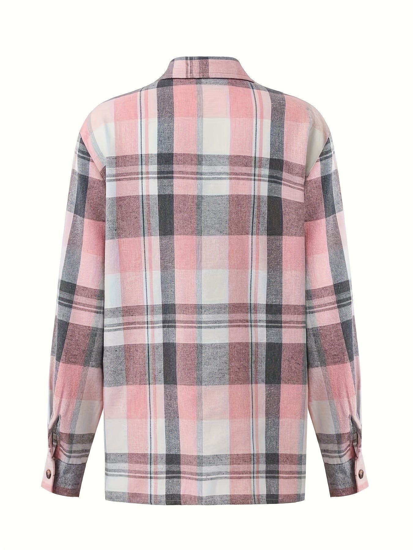 Camisa de cuadros rosa y gris en la parte trasera, cuello y botones visibles.