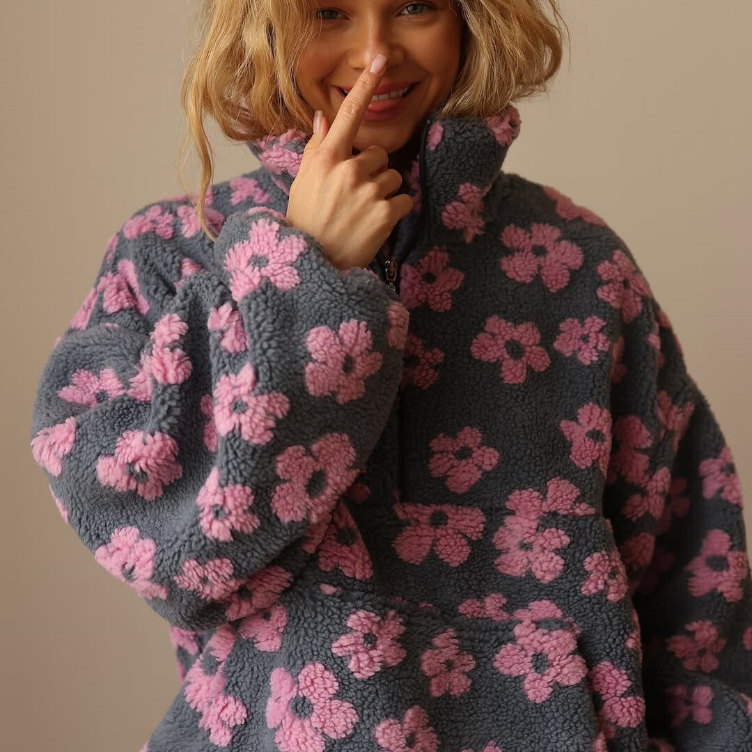 Sudadera de forro polar con cremallera, negra con flores rosa y borde grueso