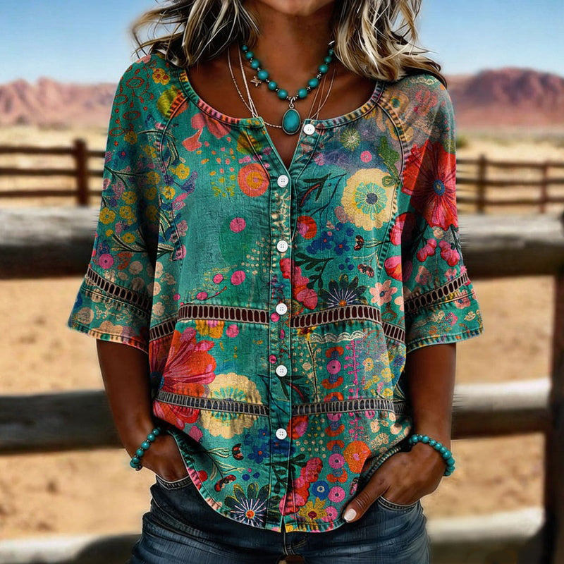 Camisa vintage floral multicolor con botones y manga tres cuartos, verde