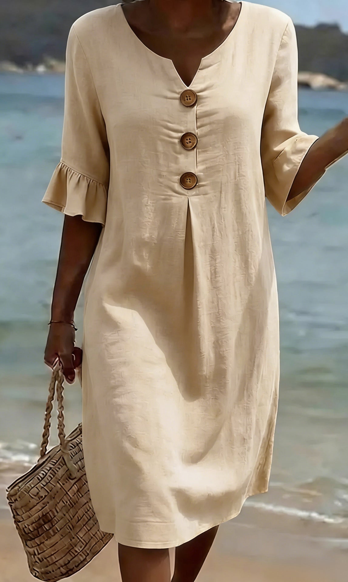 Vestido informal de mujer albaricoque con escote en V, botones delanteros y mangas tipo globo