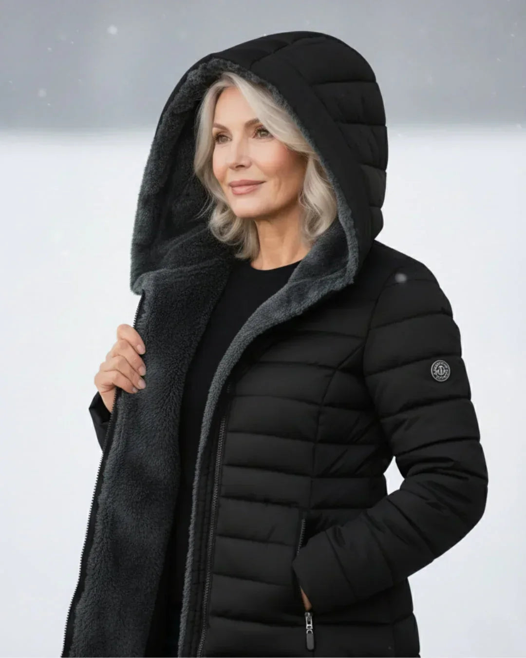 Chaqueta de invierno acolchada negra con capucha y forro tipo borreguito