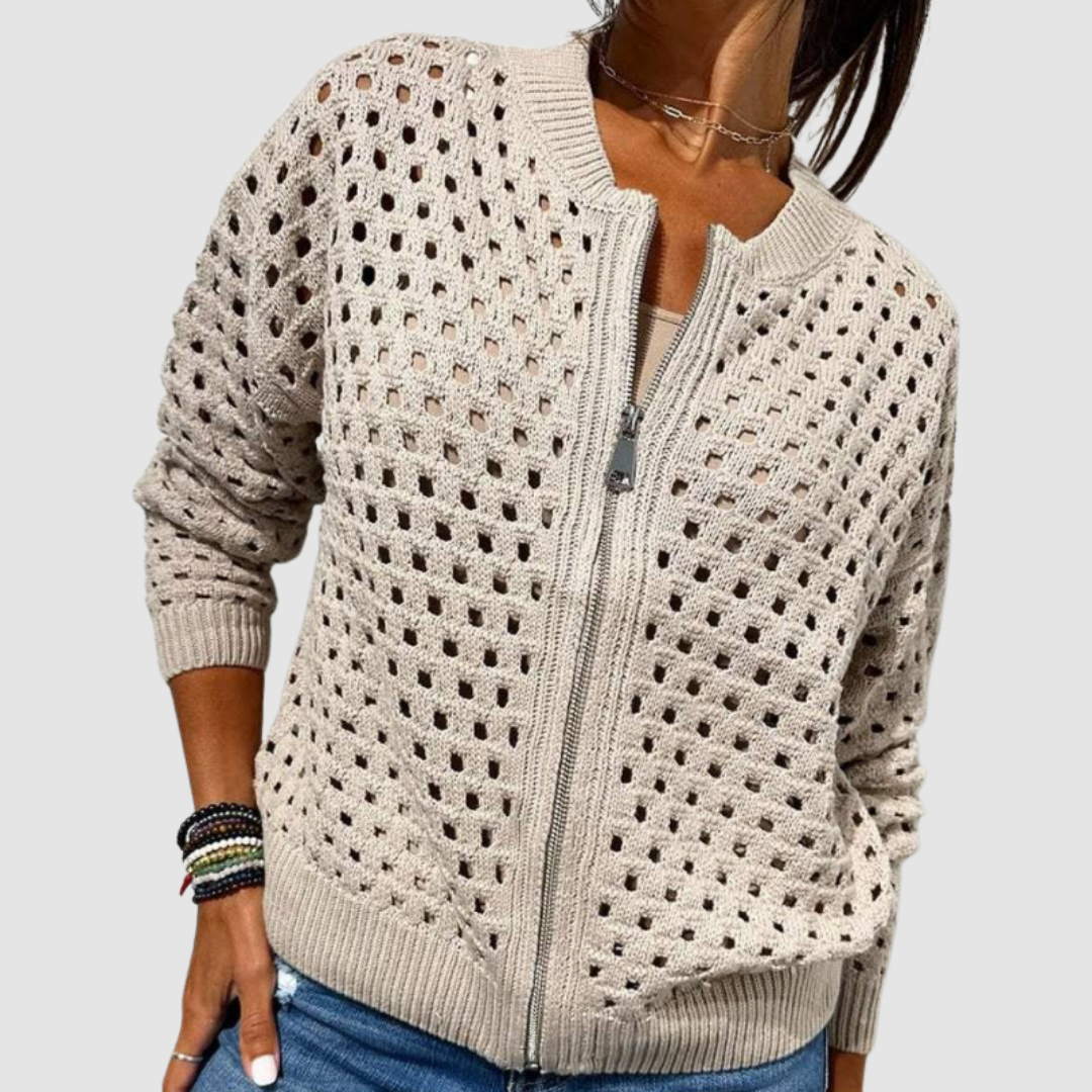 Chaqueta cárdigan de punto con cremallera y patrón calado beige