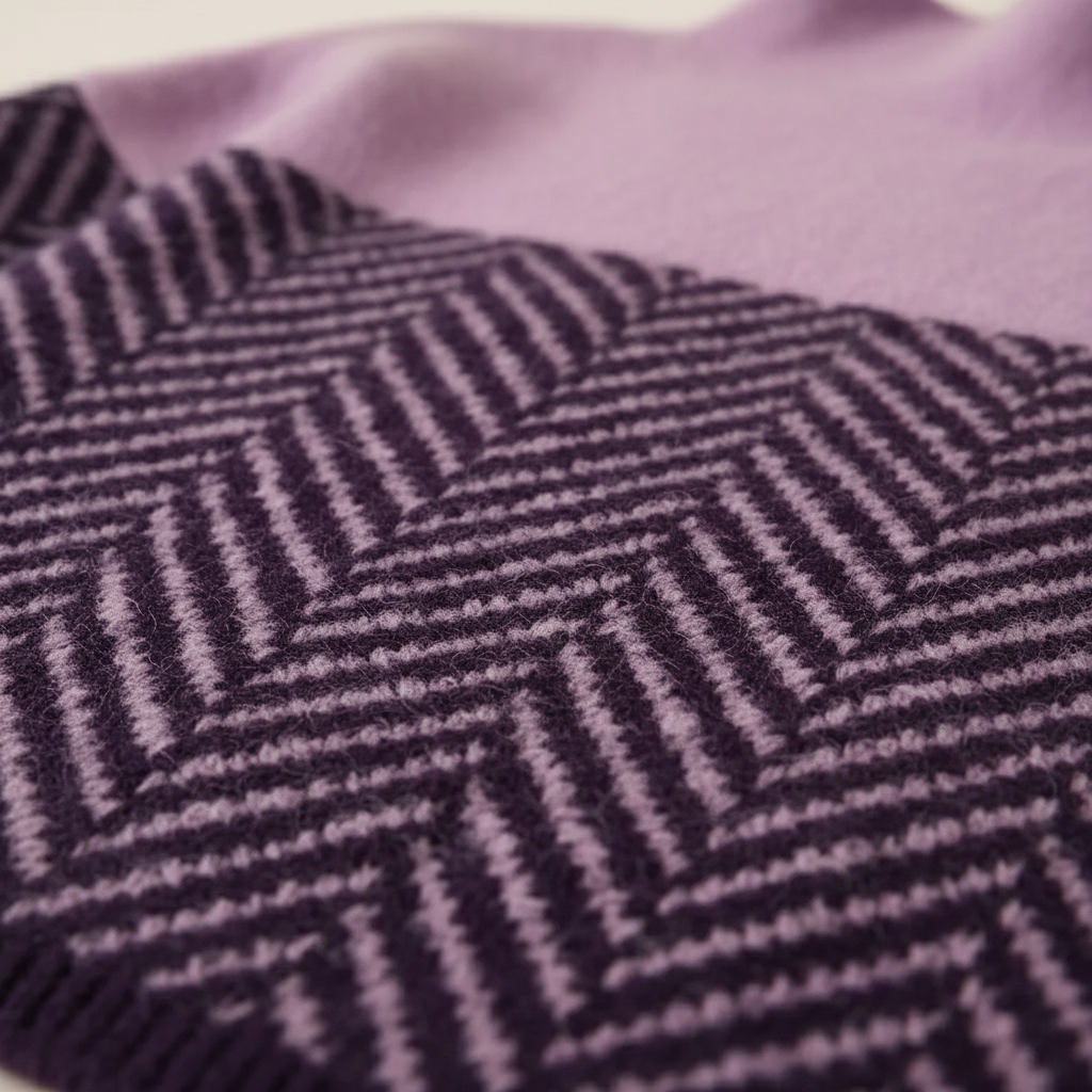 Detalle del patrón zigzag del jersey en morado y blanco con base morada