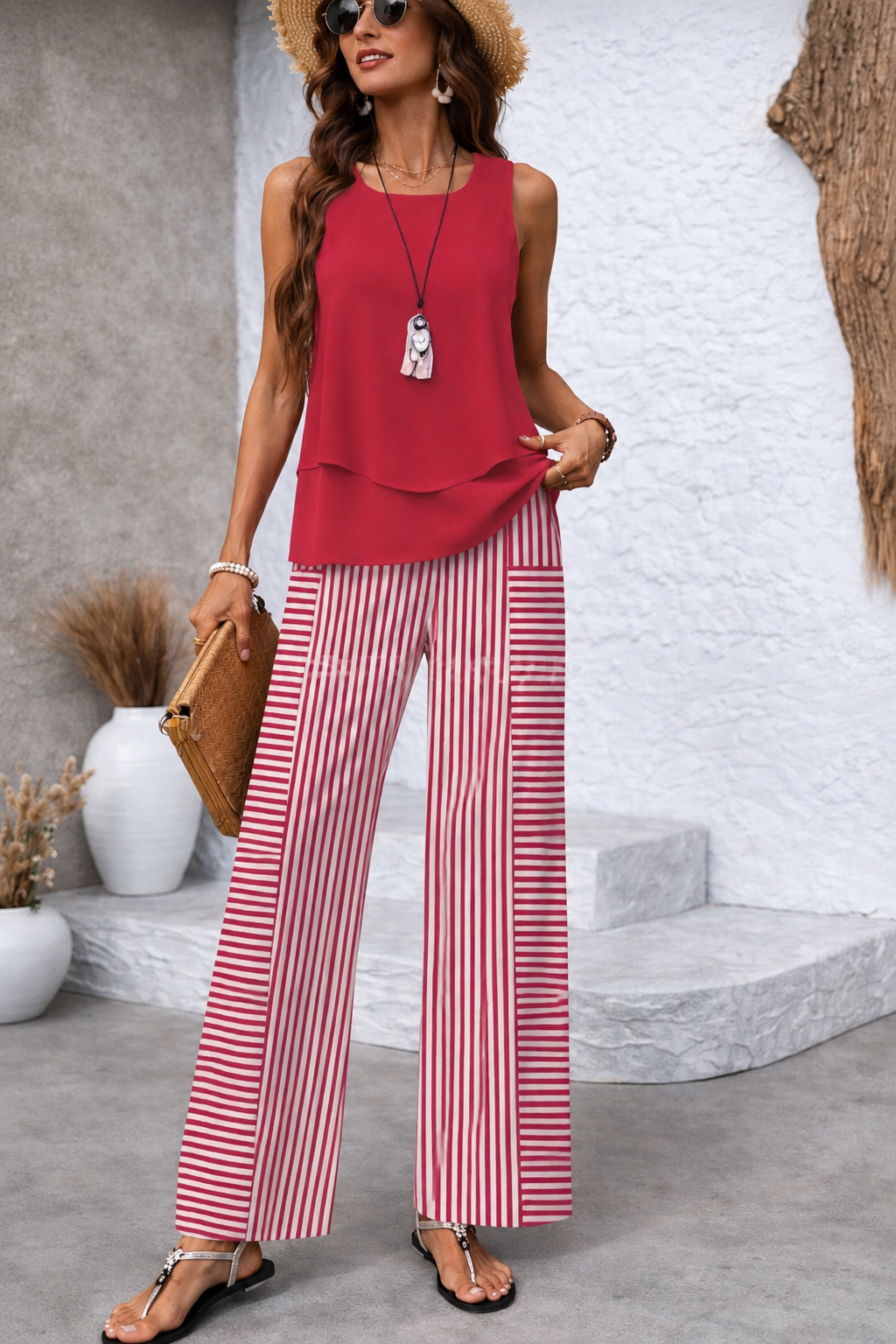 Conjunto Ramona™ con top rosa liso y pantalón de pierna ancha con rayas verticales.
