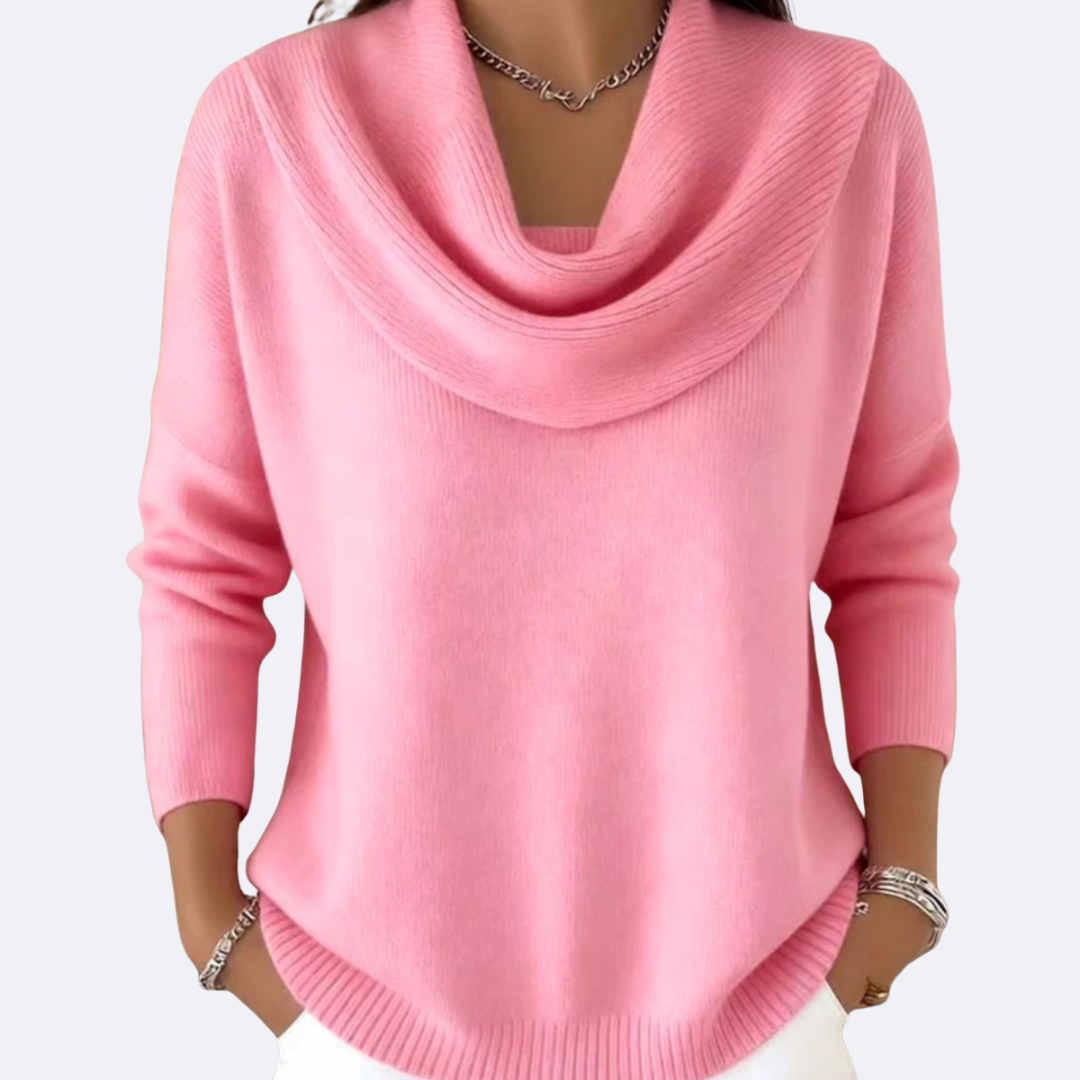 Suéter con cuello vuelto drapeado, rosa, manga 3/4, tejido acanalado en puños y bajo