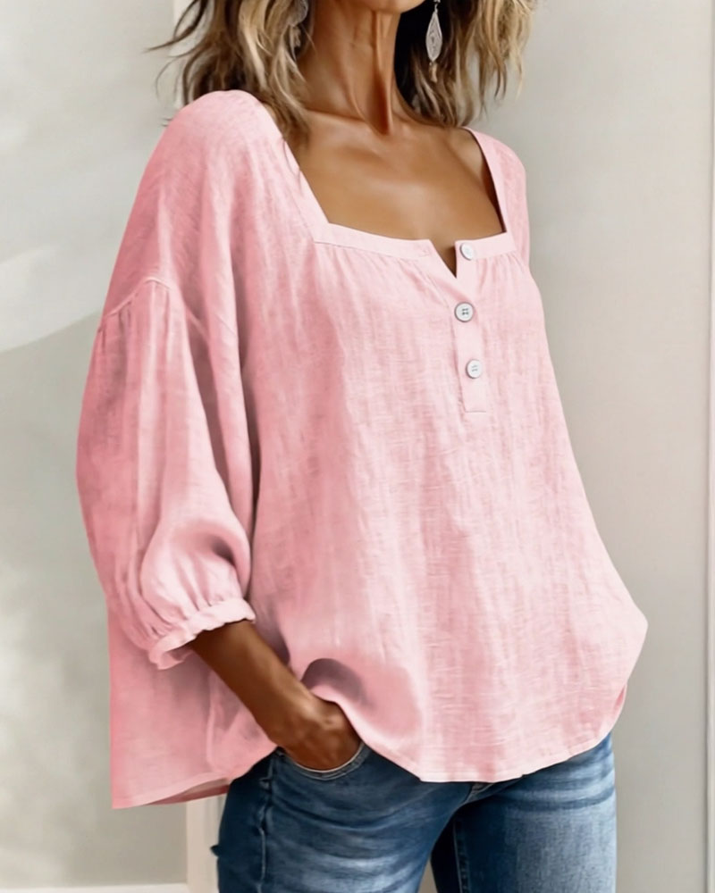 Blusa de lino para mujer rosa claro, escote cuadrado con botones frontales