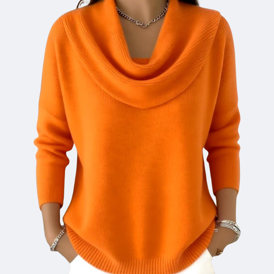 Suéter con cuello vuelto drapeado, naranja, manga 3/4, bajo acanalado y liso