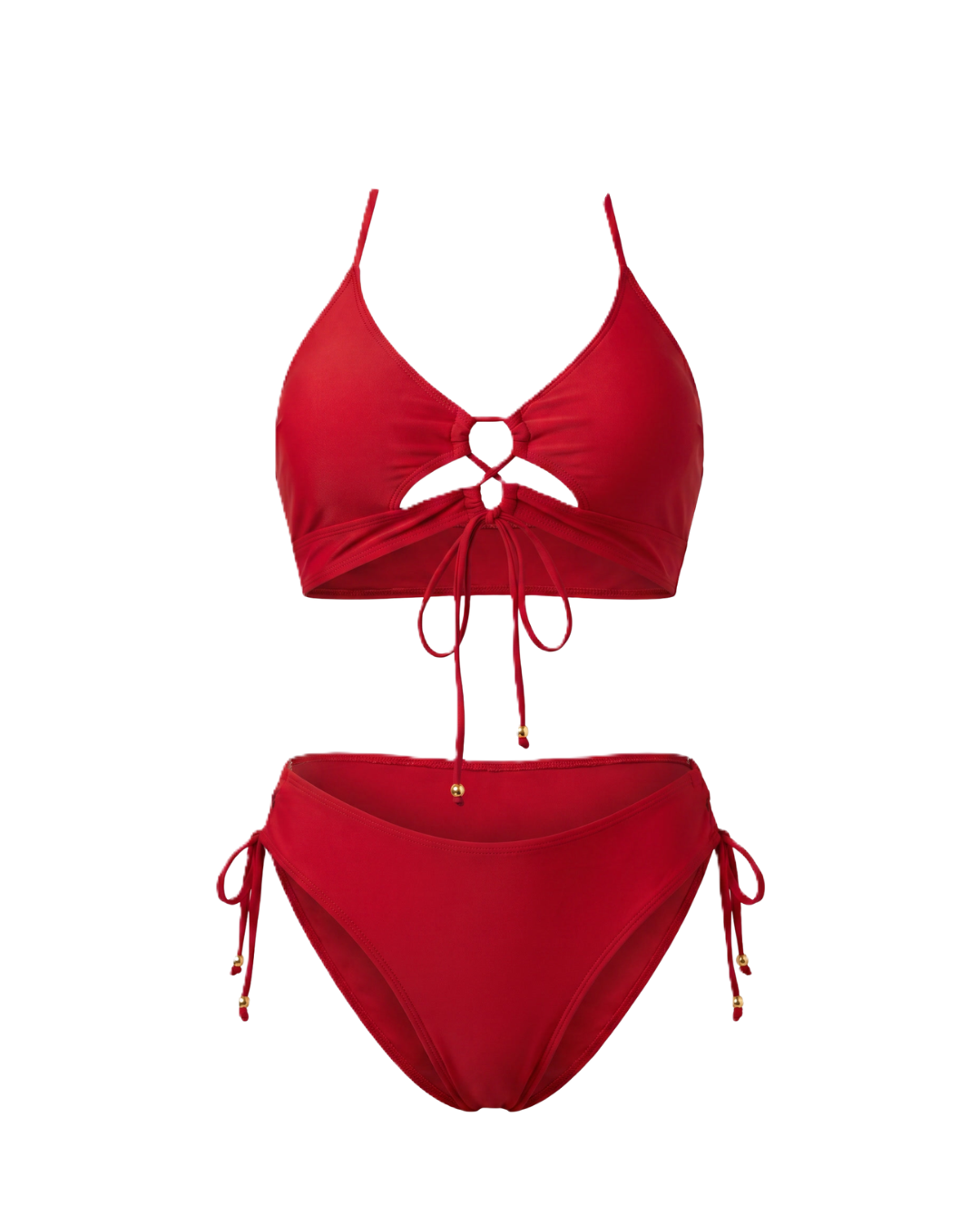 Conjunto de bikini rojo: top triangular con aro central y braguita de tiro alto con lazos
