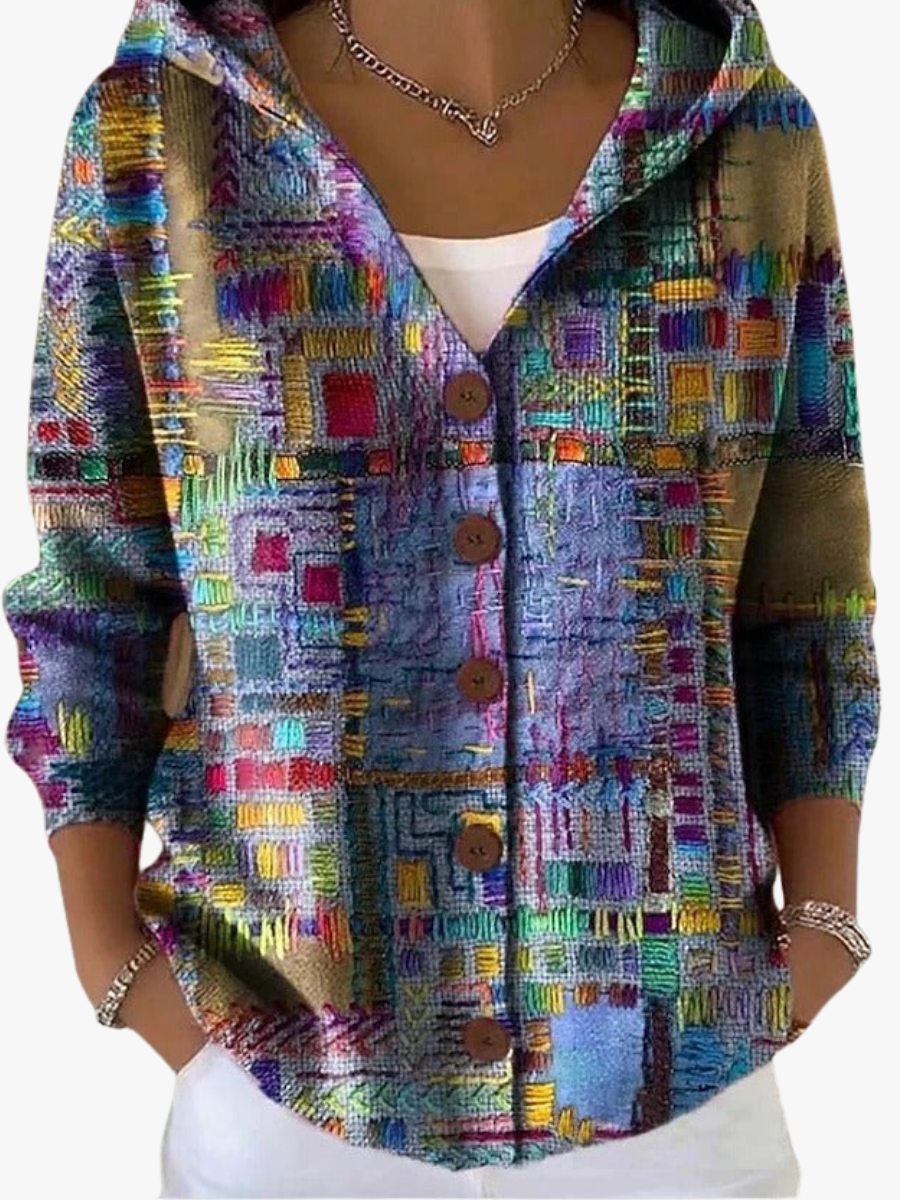 Chaleco con capucha multicolor estilo patchwork y cuadros, cierre frontal con botones marrones
