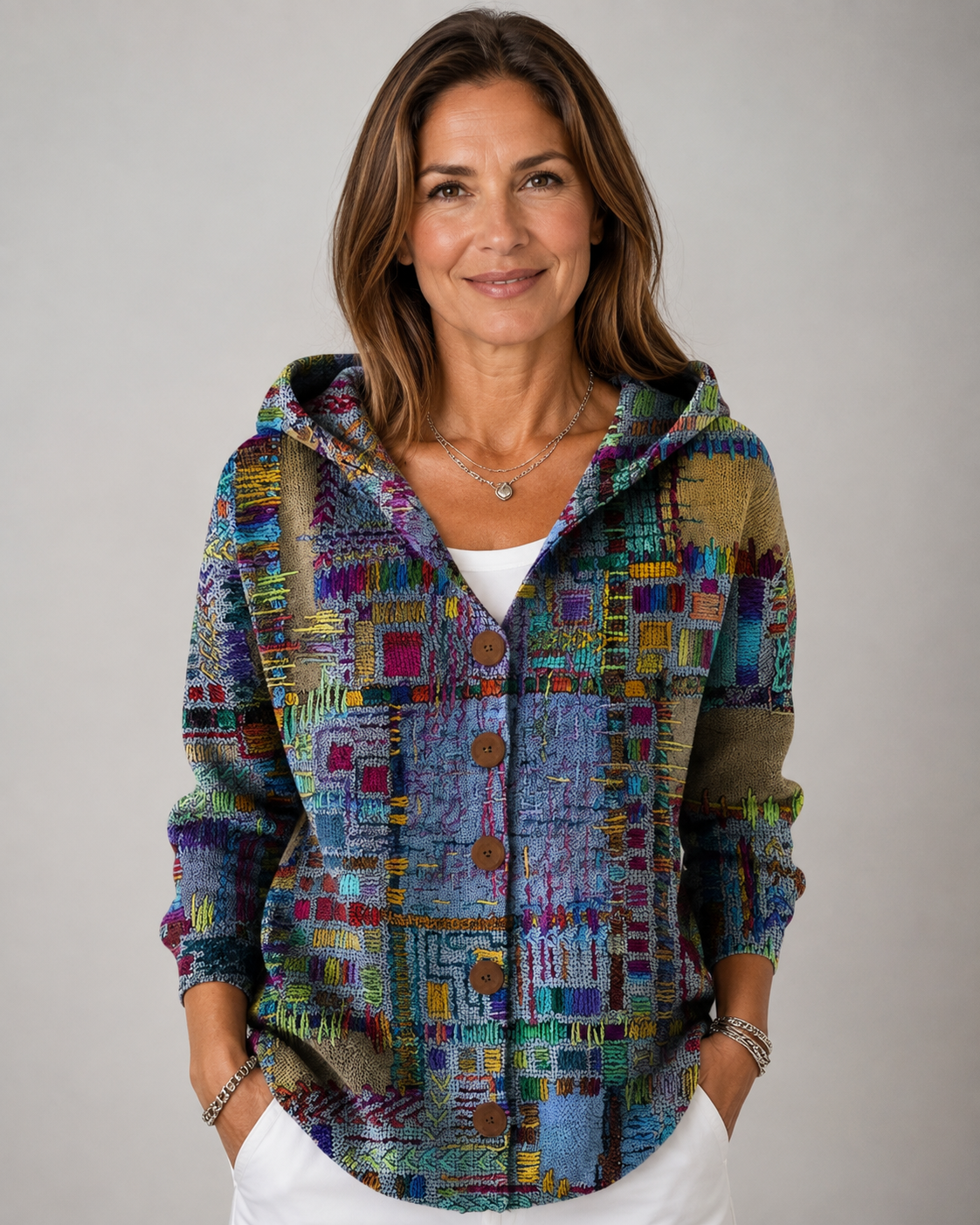 Chaleco con capucha patchwork multicolor y botones delanteros de punto