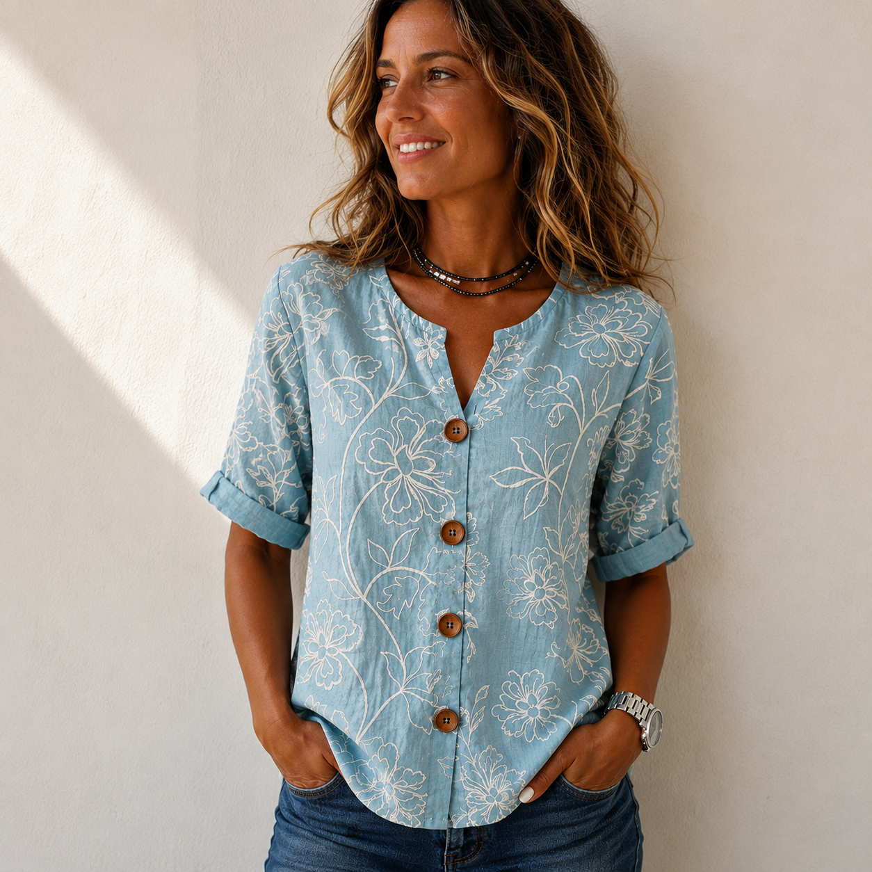 Blusa Rosalía™ azul clara con estampado floral blanco, botones delanteros y manga corta