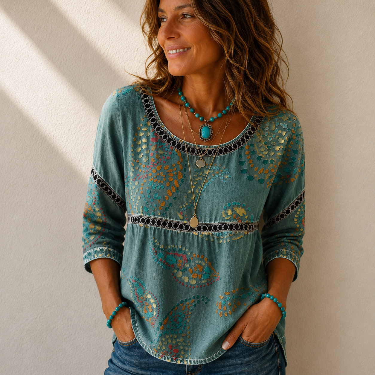 Blusa vintage de manga larga con estampado étnico multicolor sobre verde azulado