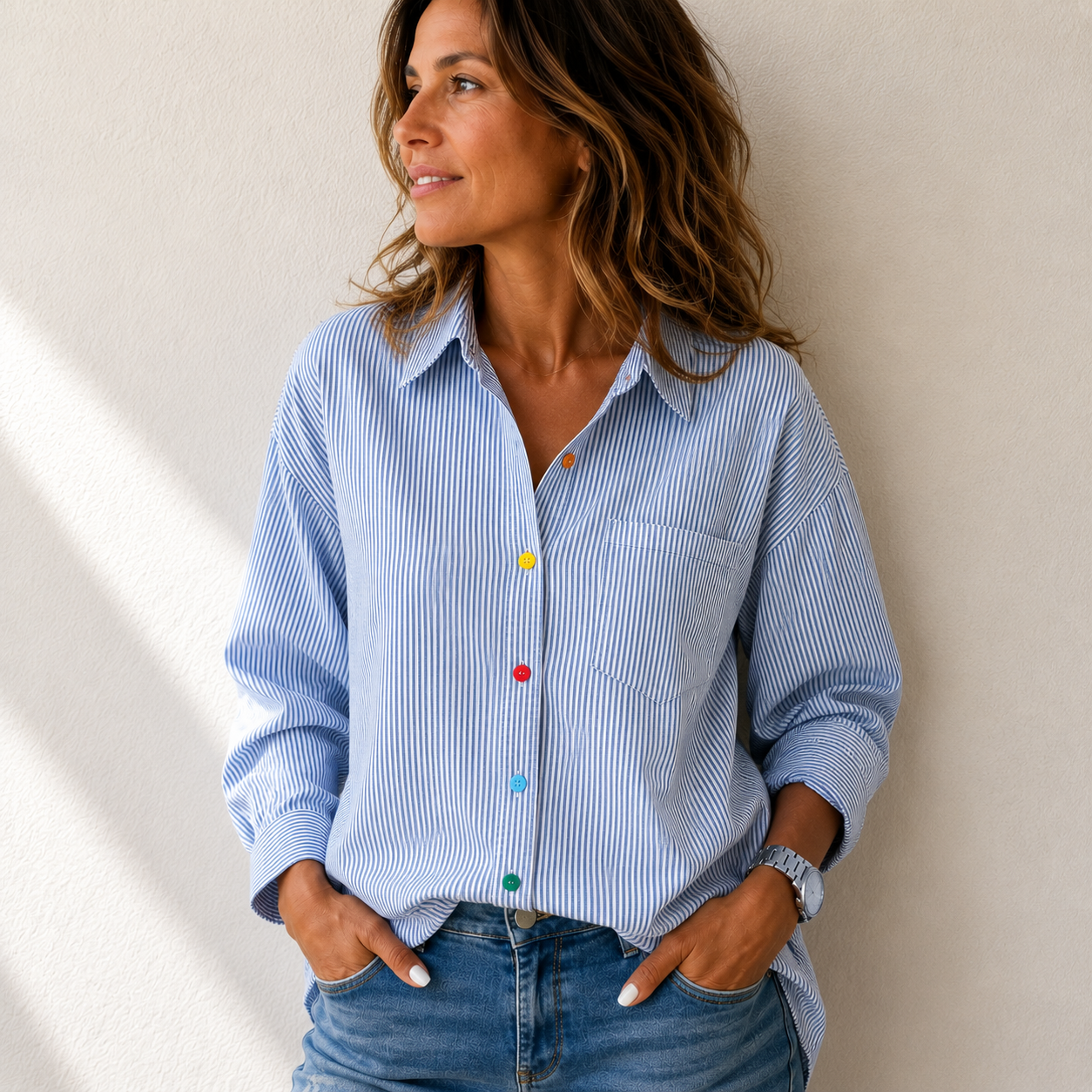 Camisa Rebeca™ de rayas azul con botones y manga larga
