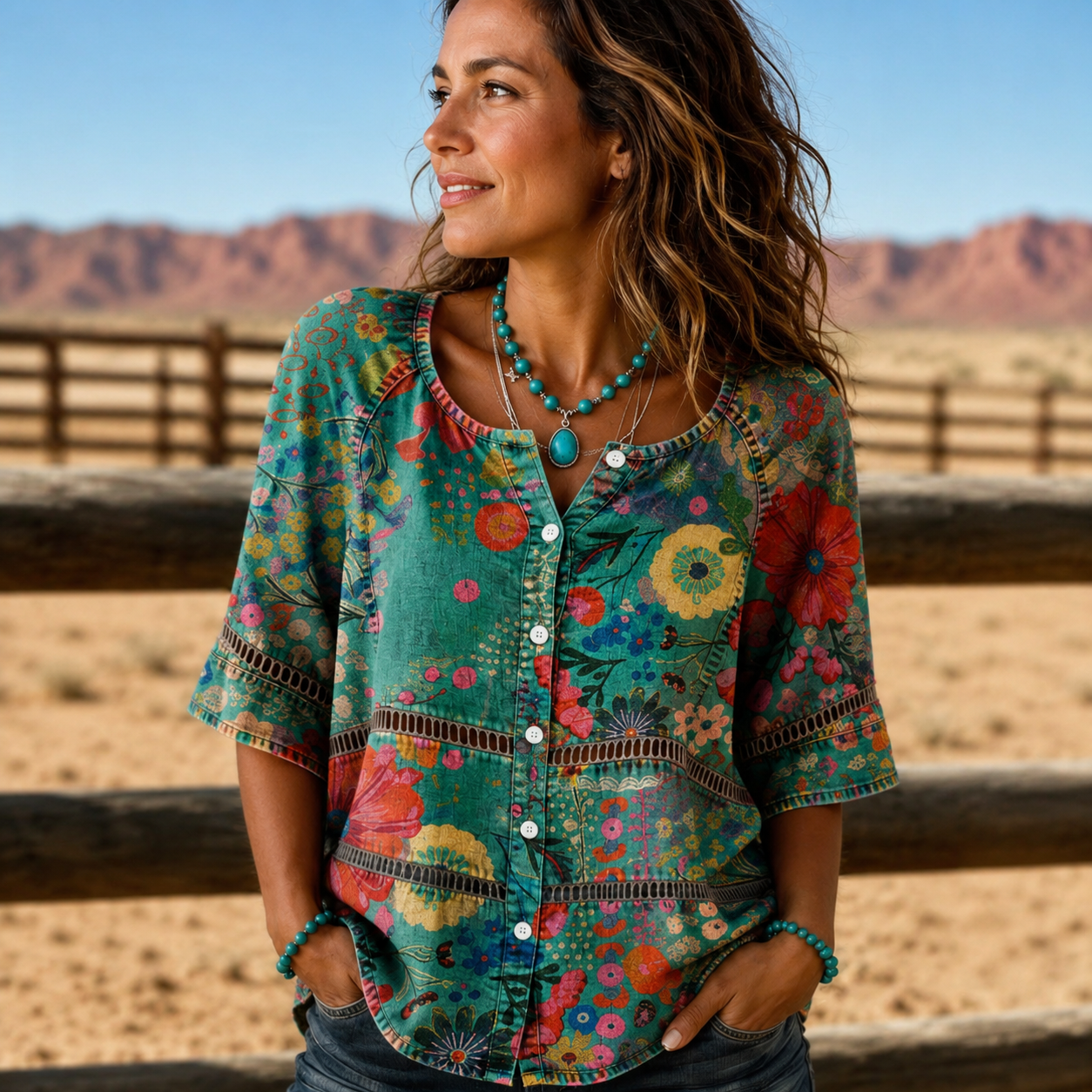 Camisa vintage de manga tres cuartos con botones y estampado floral multicolor