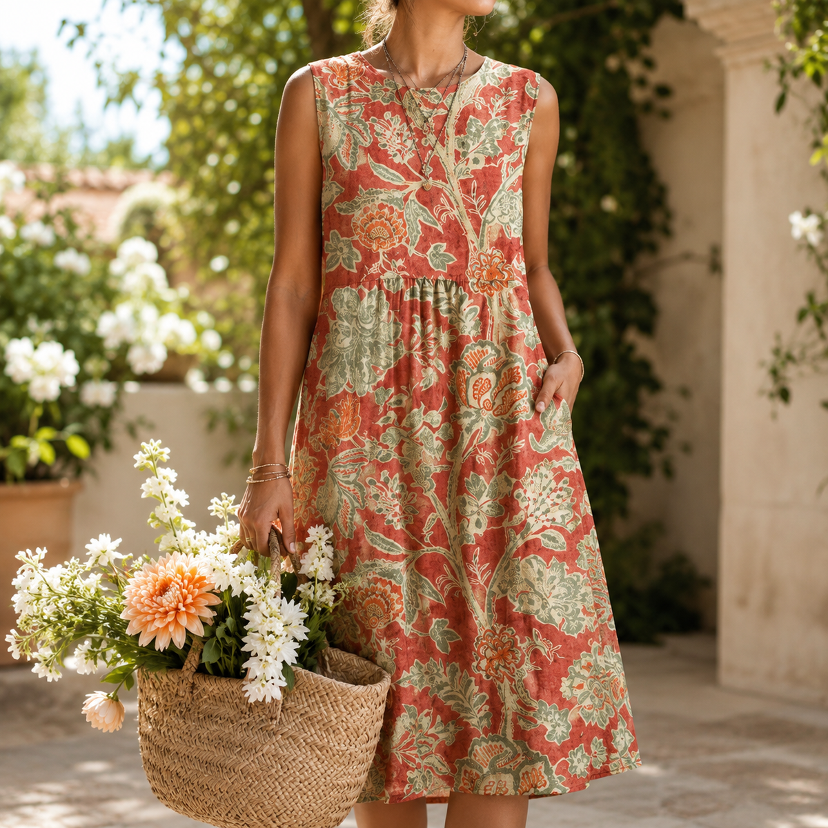 Vestido midi sin mangas con estampado floral rojo y verde