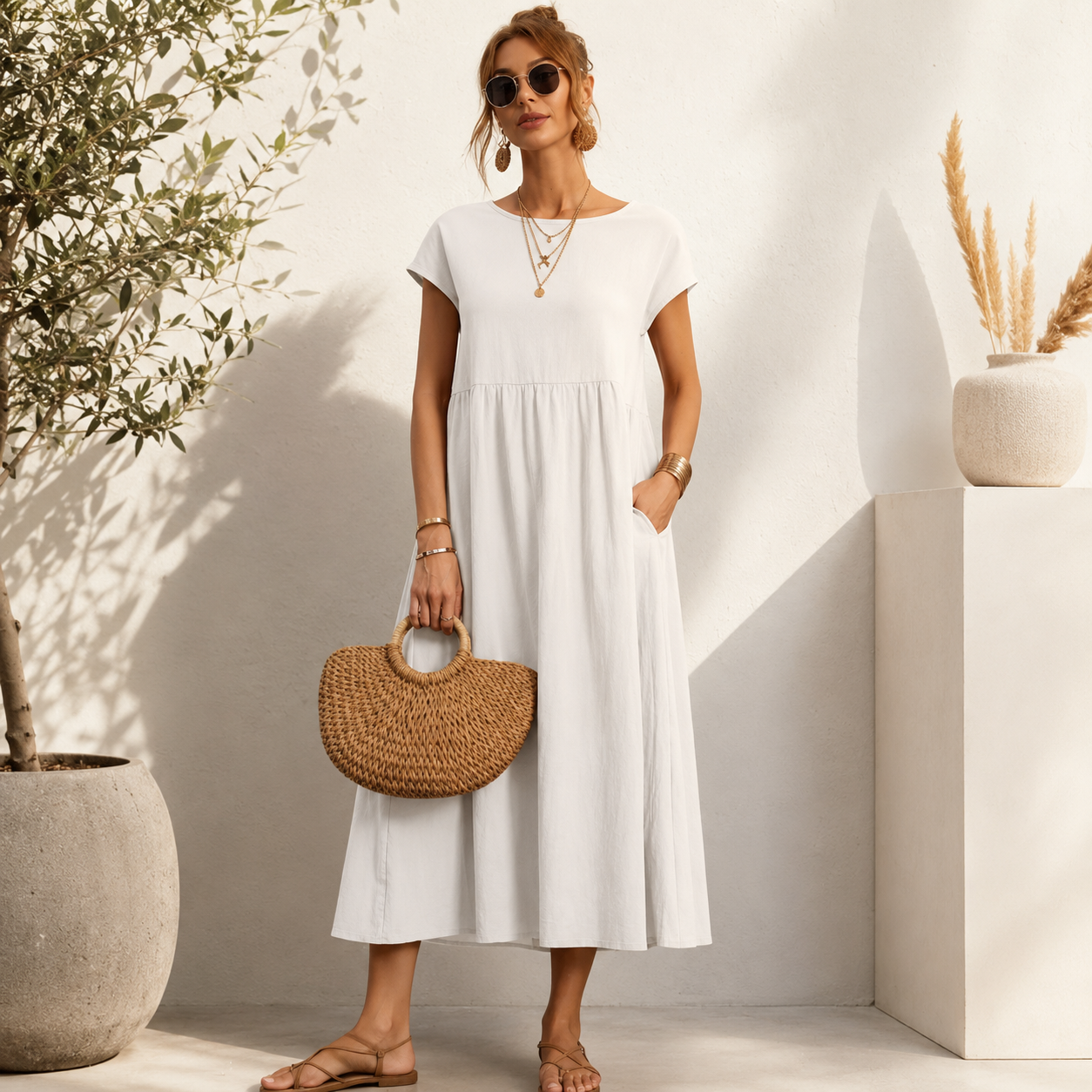 Vestido midi fluido blanco con mangas cortas y falda con vuelo, cuello redondo