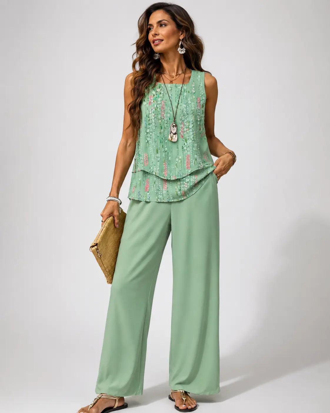 Conjunto de top sin mangas con capas y pantalón palazzo verde menta