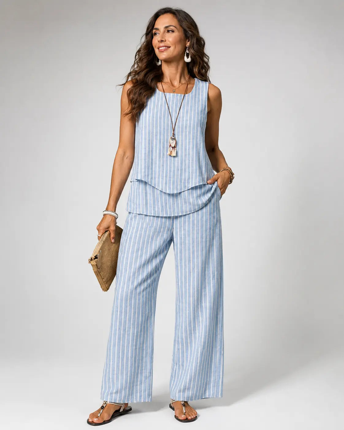 Conjunto Nicolasa™ de top sin mangas y pantalón ancho a rayas azul claro