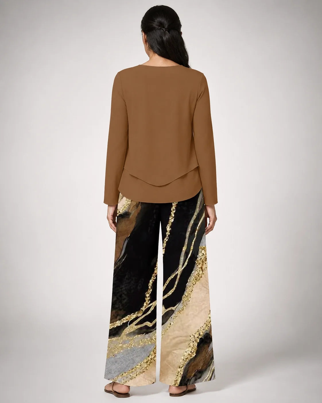 Conjunto Amadora™ con top marrón de cuello cuadrado y pantalón estampado ancho